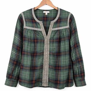 J.Crew Green Plaid Cotton Top Embroidered Trim | Size 8